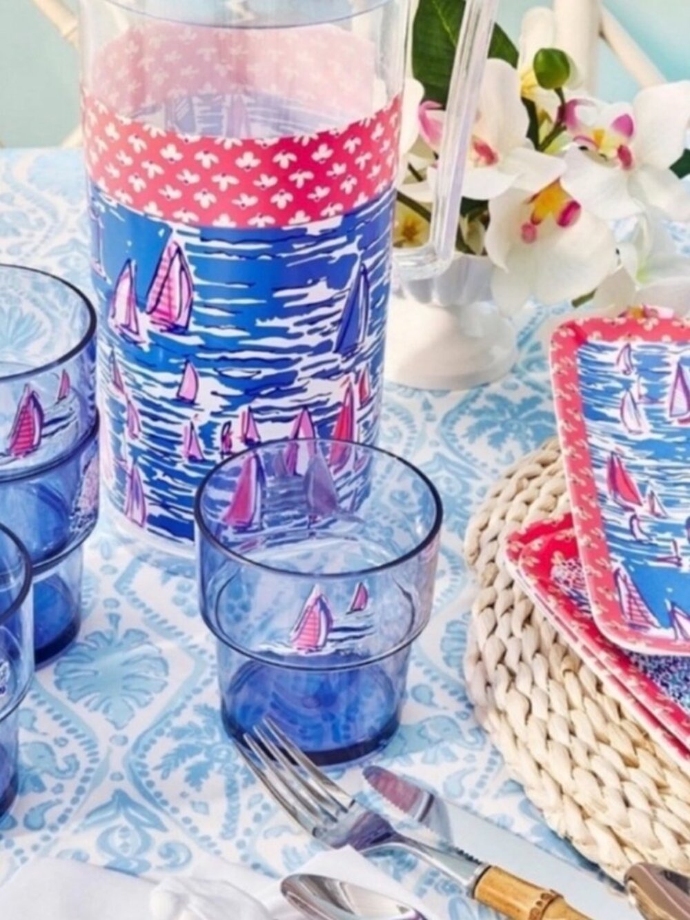 ๐ธ NEW Lilly Pulitzer Boatylicious Pitcher 4 Tumblers 4 Melamine Plates Set